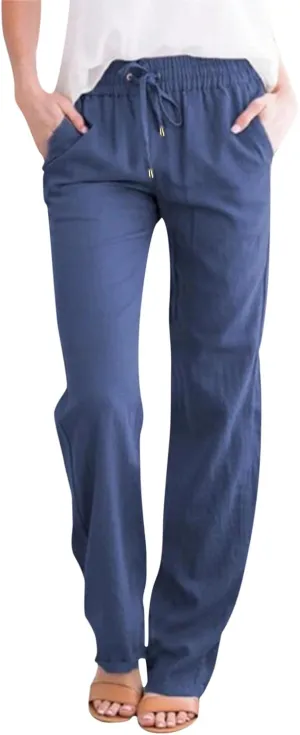 Womens Cotton Linen Casual Pants Straight Leg Drawstring Elastic High Waist Loose Comfy Palazzo Trousers with Pockets