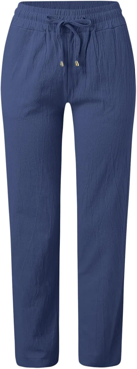Womens Cotton Linen Casual Pants Straight Leg Drawstring Elastic High Waist Loose Comfy Palazzo Trousers with Pockets