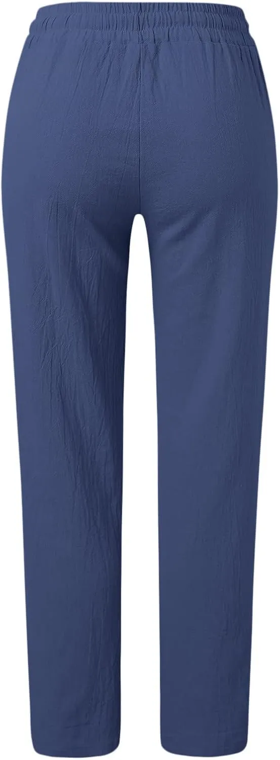 Womens Cotton Linen Casual Pants Straight Leg Drawstring Elastic High Waist Loose Comfy Palazzo Trousers with Pockets