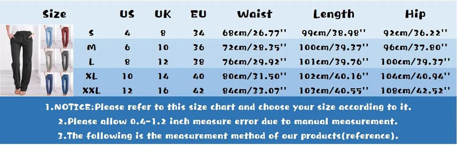 Womens Cotton Linen Casual Pants Straight Leg Drawstring Elastic High Waist Loose Comfy Palazzo Trousers with Pockets
