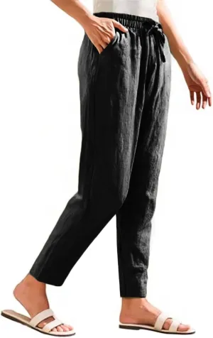 Womens Cotton Linen Elastic Drawstring Straight Leg Pants 2025 Summer Casual Trousers with Pockets Plain Beach Lounge Clothes
