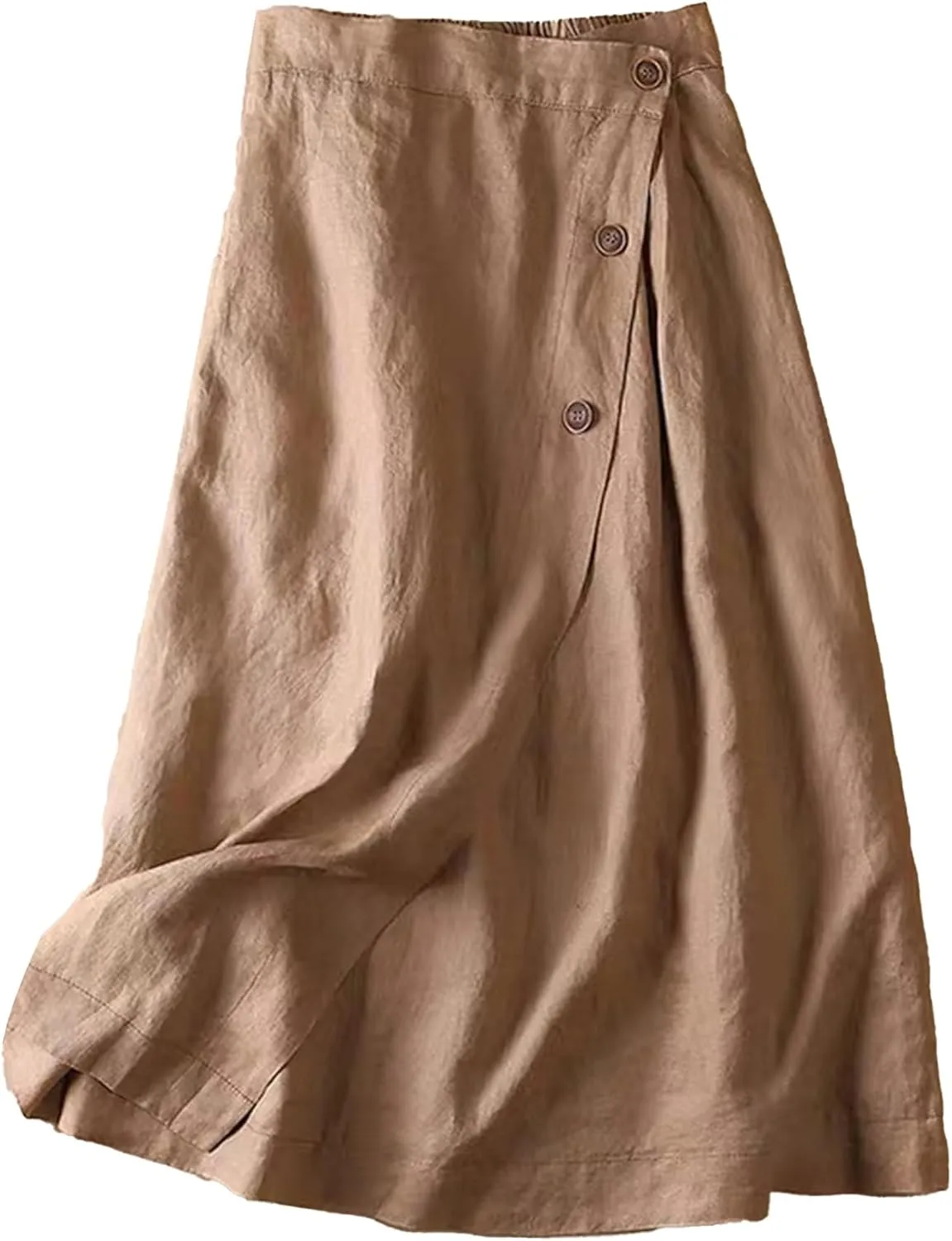 Women's Cotton Linen Front Button A-Line Skirt Casual High Waist Flared Pleated Skirt Vintage Swing Midi Skirt