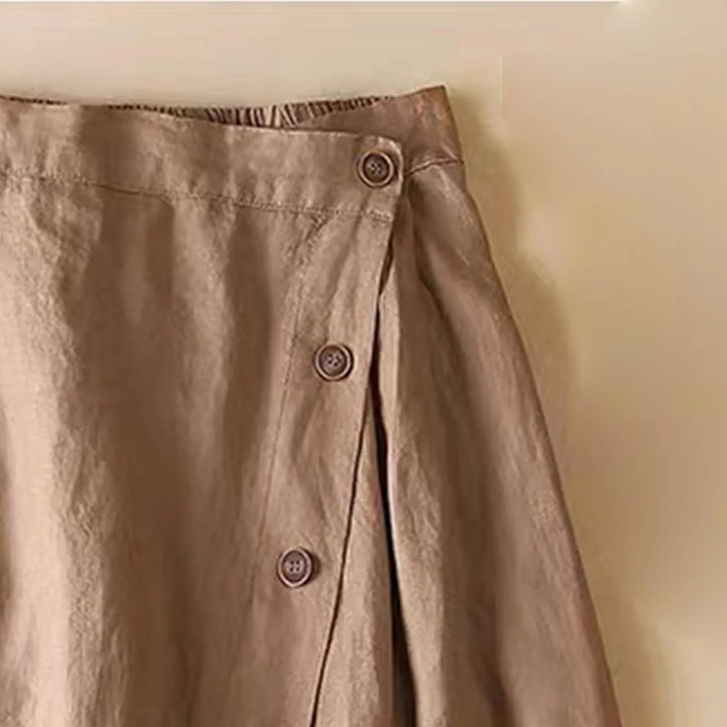 Women's Cotton Linen Front Button A-Line Skirt Casual High Waist Flared Pleated Skirt Vintage Swing Midi Skirt