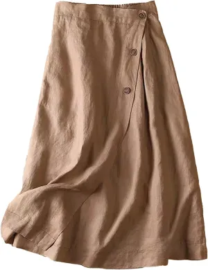 Women's Cotton Linen Front Button A-Line Skirt Casual High Waist Flared Pleated Skirt Vintage Swing Midi Skirt