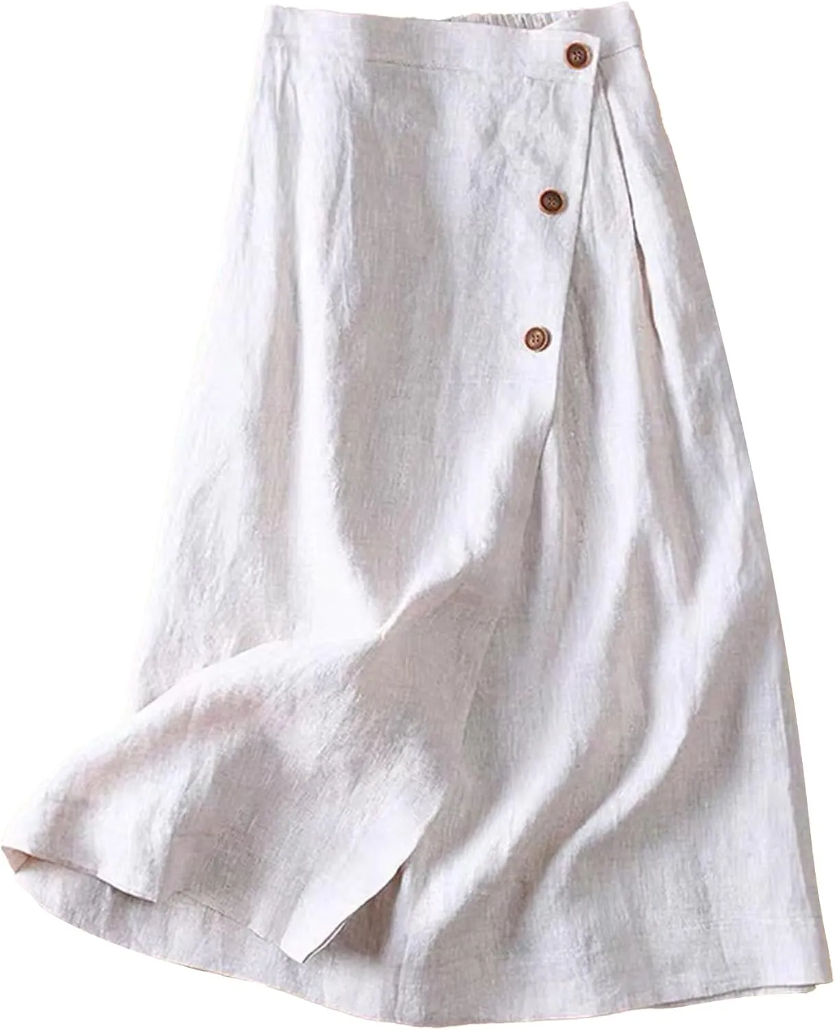 Women's Cotton Linen Front Button A-Line Skirt Casual High Waist Flared Pleated Skirt Vintage Swing Midi Skirt