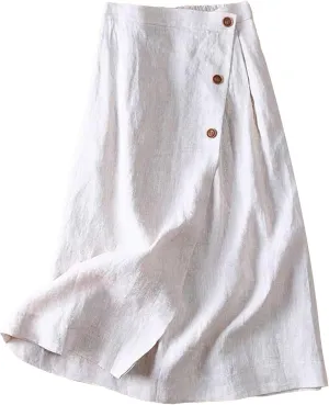 Women's Cotton Linen Front Button A-Line Skirt Casual High Waist Flared Pleated Skirt Vintage Swing Midi Skirt