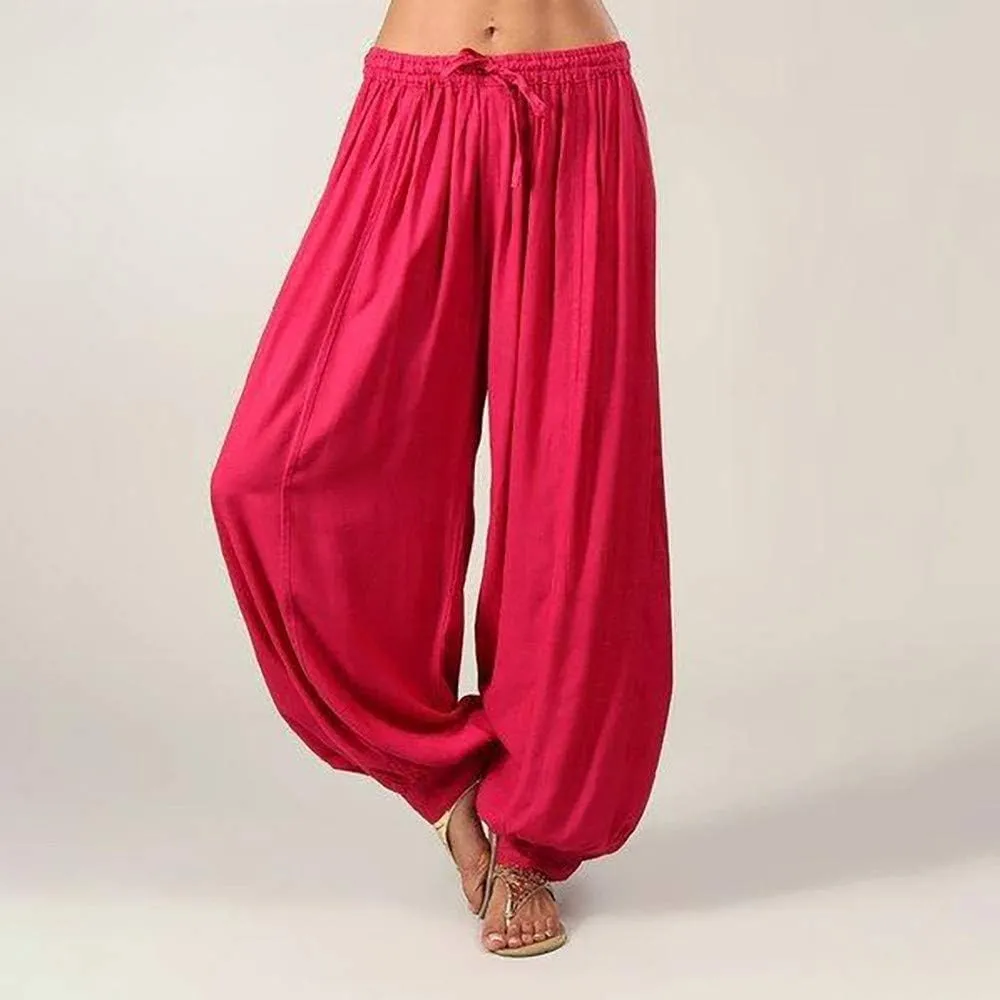 Women's Cotton Linen Lantern Trousers Solid Low-Waisted Relax Fit Pant Elastic Drawstring Wide Leg Pants for Causal
