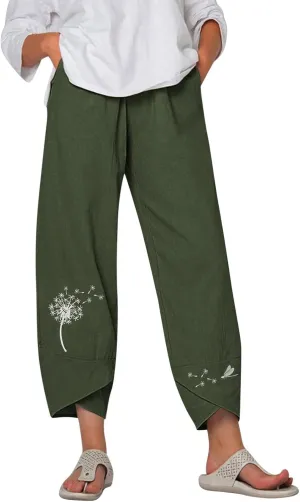 Womens Cotton Linen Palazzo Pants Dragonfly Dandelion Print Beach Pant Summer Breathable Casual Trousers with Pockets