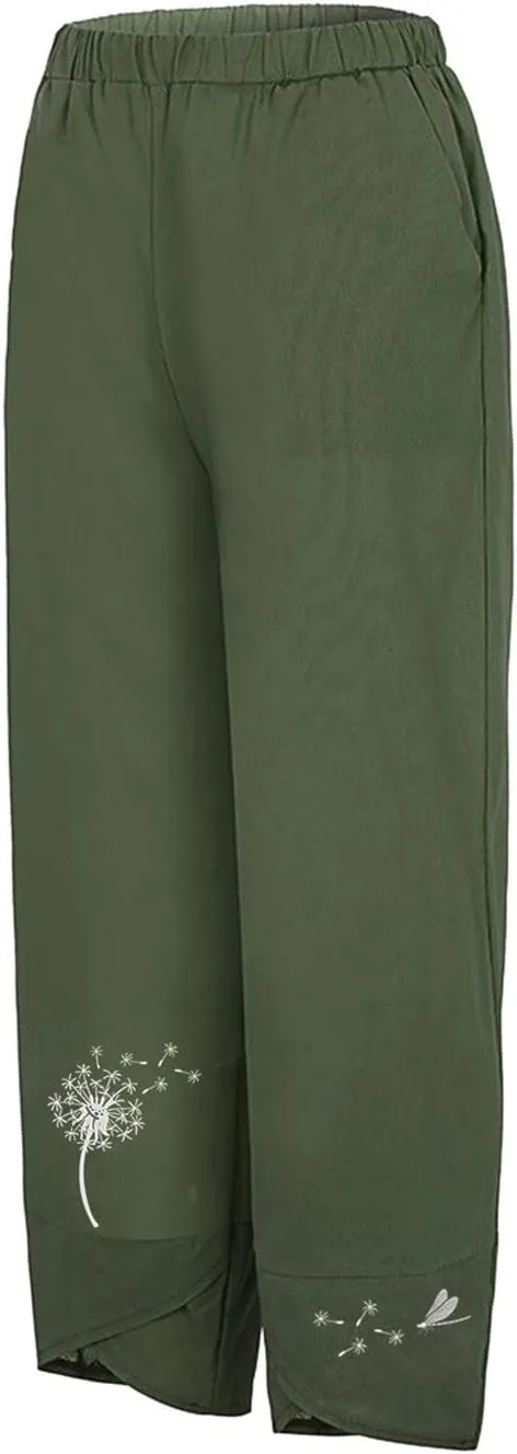 Womens Cotton Linen Palazzo Pants Dragonfly Dandelion Print Beach Pant Summer Breathable Casual Trousers with Pockets