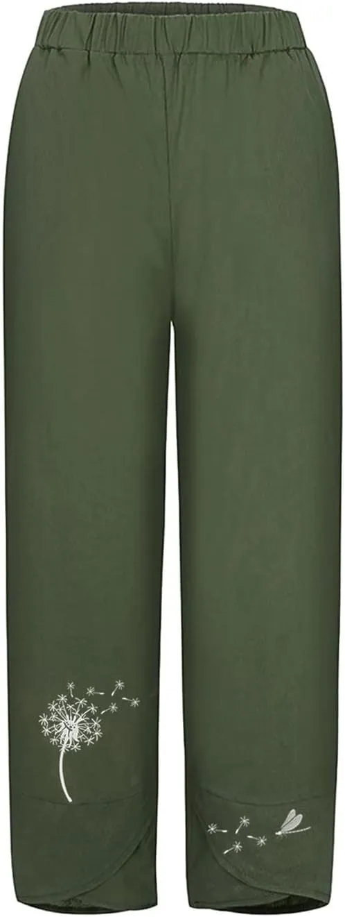 Womens Cotton Linen Palazzo Pants Dragonfly Dandelion Print Beach Pant Summer Breathable Casual Trousers with Pockets