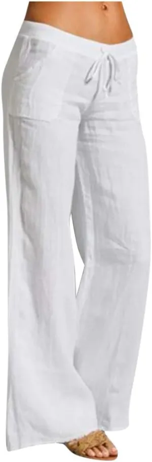 Womens Cotton Linen Palazzo Pants Summer Lightweight Drawstring Elastic Waist Casual Wide Leg Trousers with Pockets