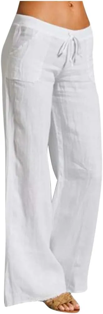 Womens Cotton Linen Palazzo Pants Summer Lightweight Drawstring Elastic Waist Casual Wide Leg Trousers with Pockets