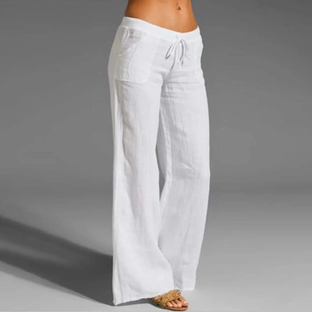 Womens Cotton Linen Palazzo Pants Summer Lightweight Drawstring Elastic Waist Casual Wide Leg Trousers with Pockets