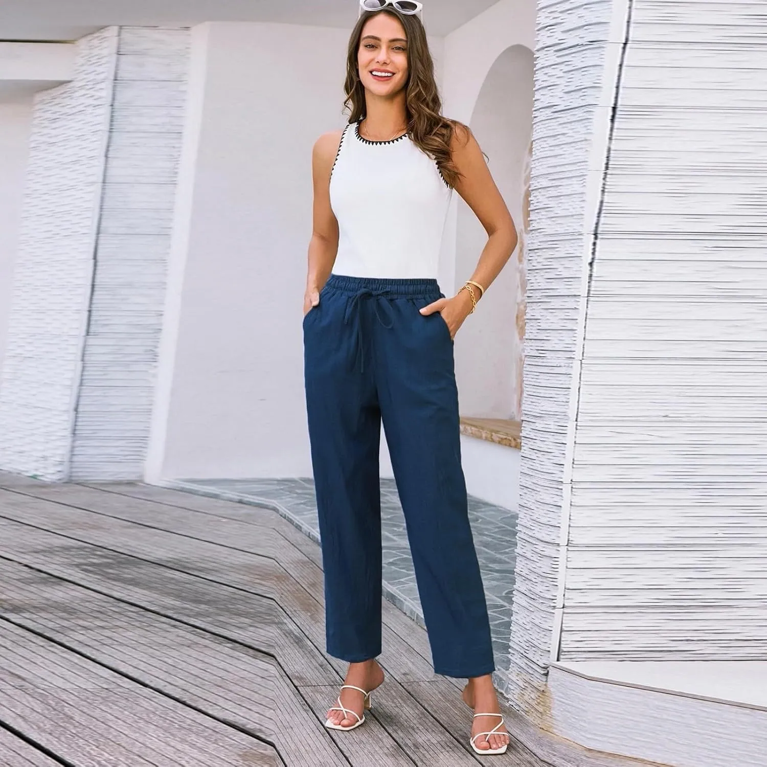 Women's Cotton Linen Pants Women Straight Leg Pants Elastic Drawstring Casual Trousers with Pockets Summer Beach Lounge Pants