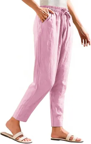 Women's Cotton Linen Pants Women Straight Leg Pants Elastic Drawstring Casual Trousers with Pockets Summer Beach Lounge Pants