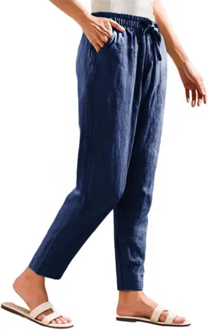 Women's Cotton Linen Pants Women Straight Leg Pants Elastic Drawstring Casual Trousers with Pockets Summer Beach Lounge Pants
