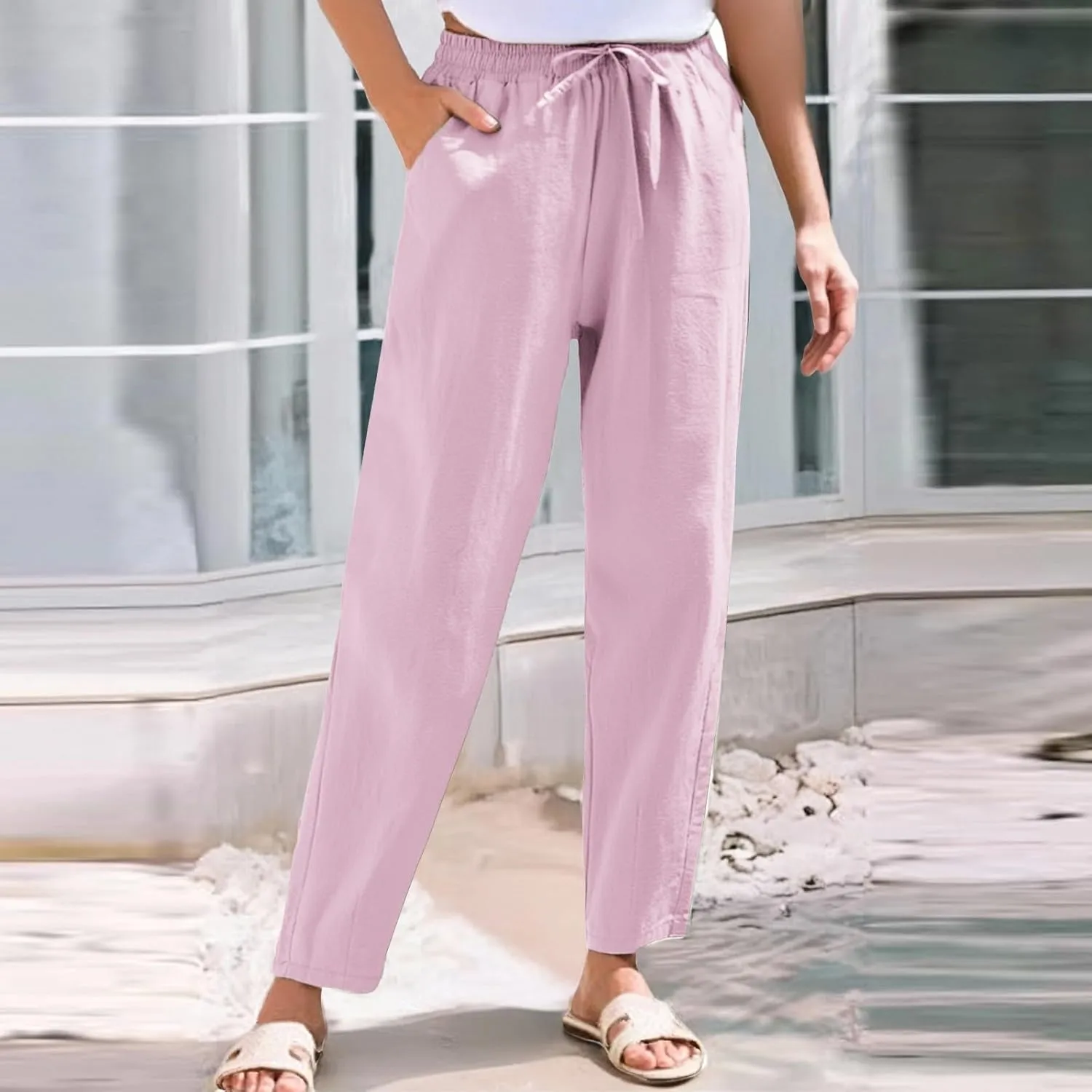 Women's Cotton Linen Pants Women Straight Leg Pants Elastic Drawstring Casual Trousers with Pockets Summer Beach Lounge Pants