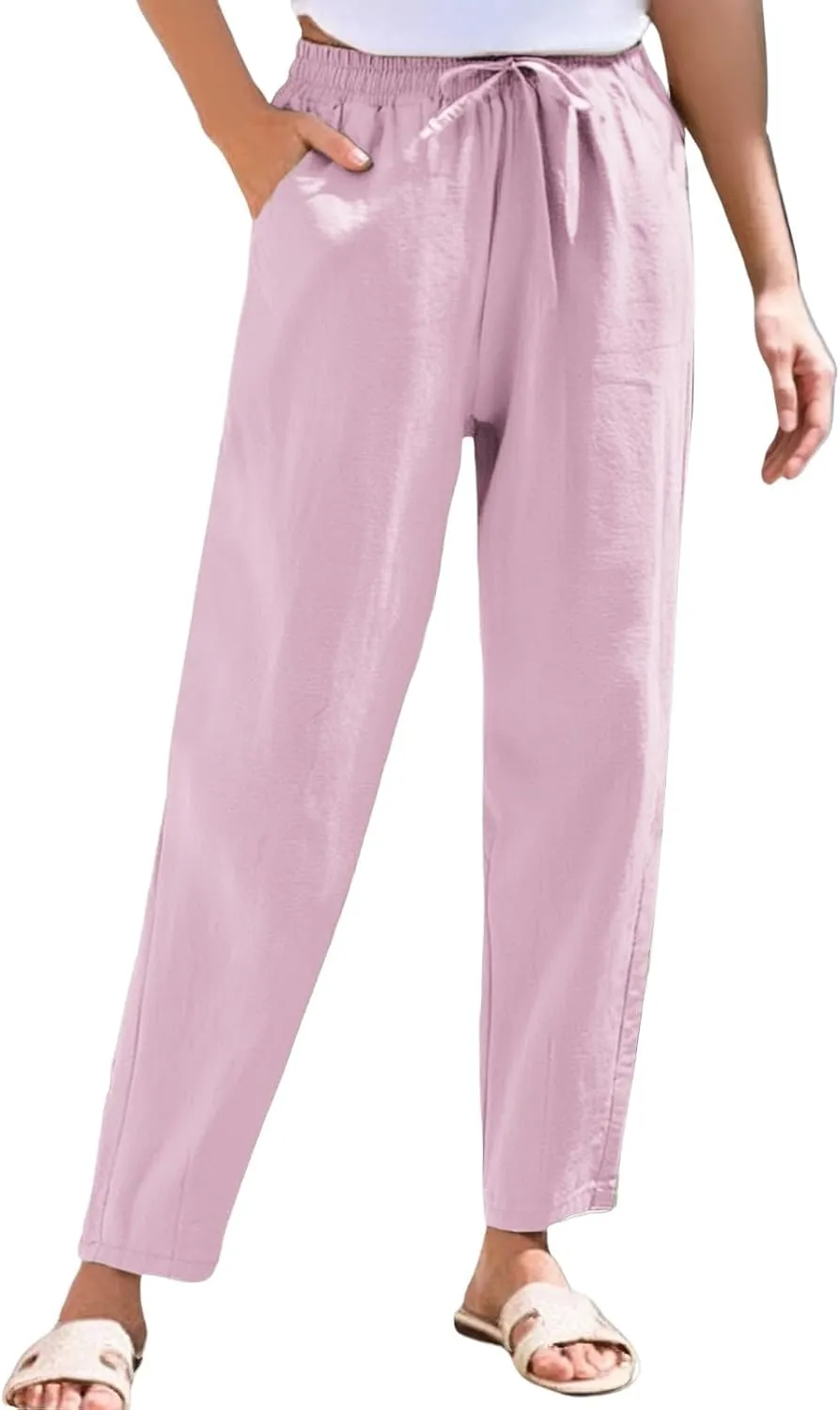 Women's Cotton Linen Pants Women Straight Leg Pants Elastic Drawstring Casual Trousers with Pockets Summer Beach Lounge Pants