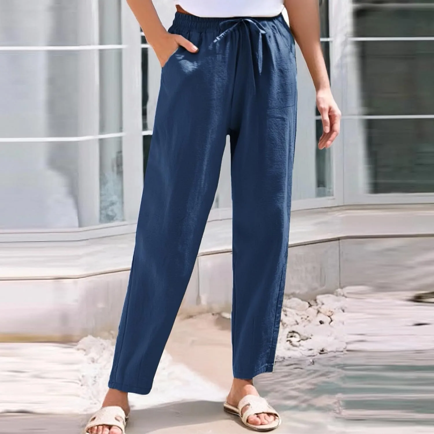 Women's Cotton Linen Pants Women Straight Leg Pants Elastic Drawstring Casual Trousers with Pockets Summer Beach Lounge Pants