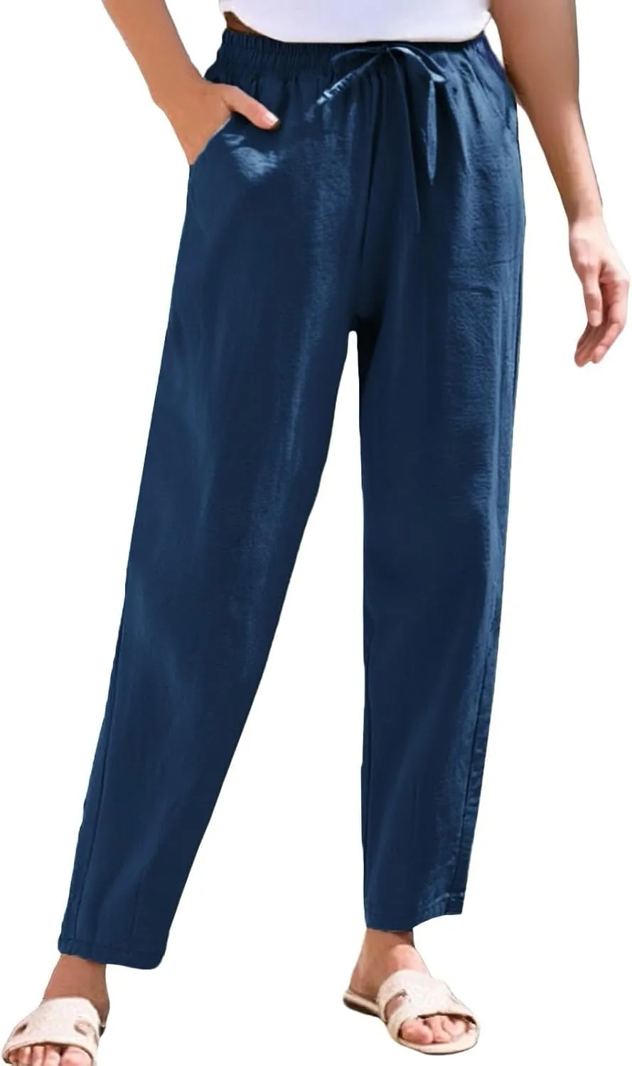 Women's Cotton Linen Pants Women Straight Leg Pants Elastic Drawstring Casual Trousers with Pockets Summer Beach Lounge Pants