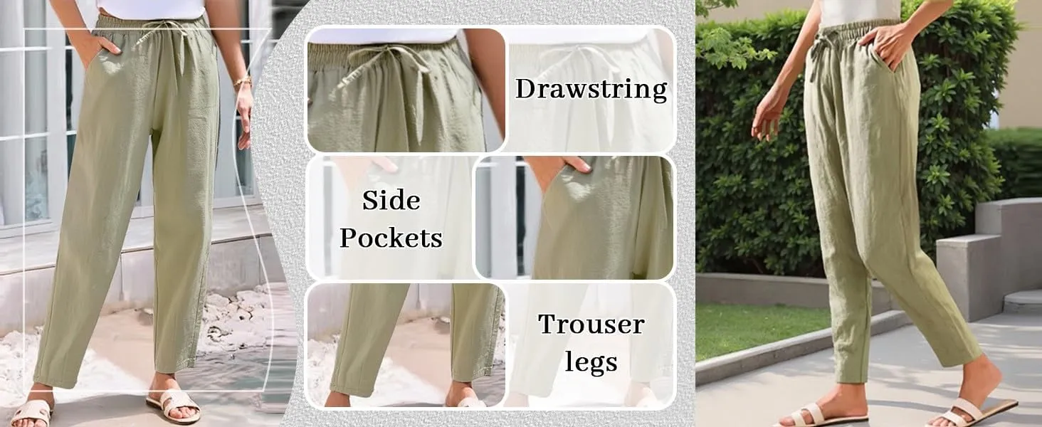 Women's Cotton Linen Pants Women Straight Leg Pants Elastic Drawstring Casual Trousers with Pockets Summer Beach Lounge Pants