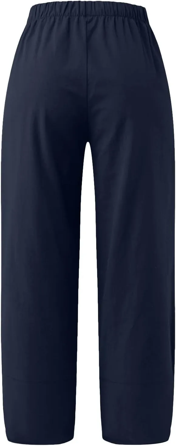 Womens Cotton Linen Summer Baggy Palazzo Pants Elastic Waist Ankle Length Slim-Fit Trousers Beach