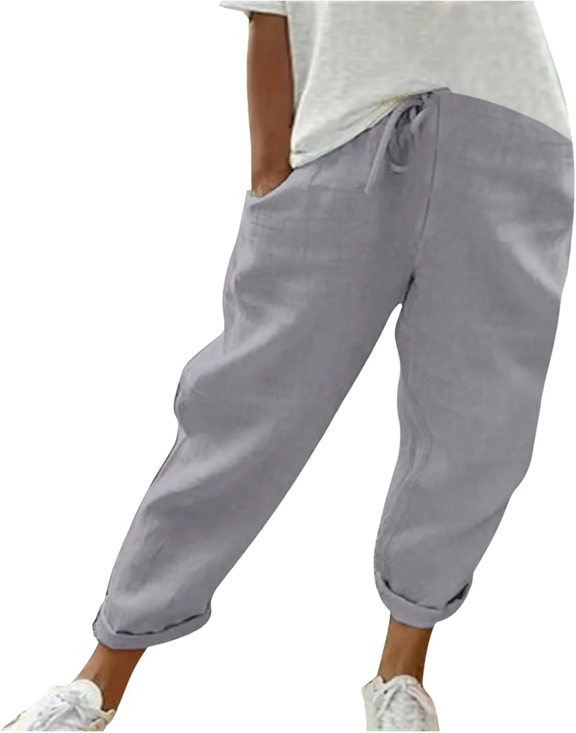 Womens Cotton Linen Summer Casual Flowy Palazzo Lounge Pants Elastic Waist Bootcut Slim Fit Trouser Travel