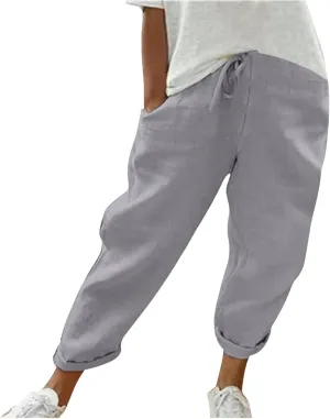 Womens Cotton Linen Summer Casual Flowy Palazzo Lounge Pants Elastic Waist Bootcut Slim Fit Trouser Travel
