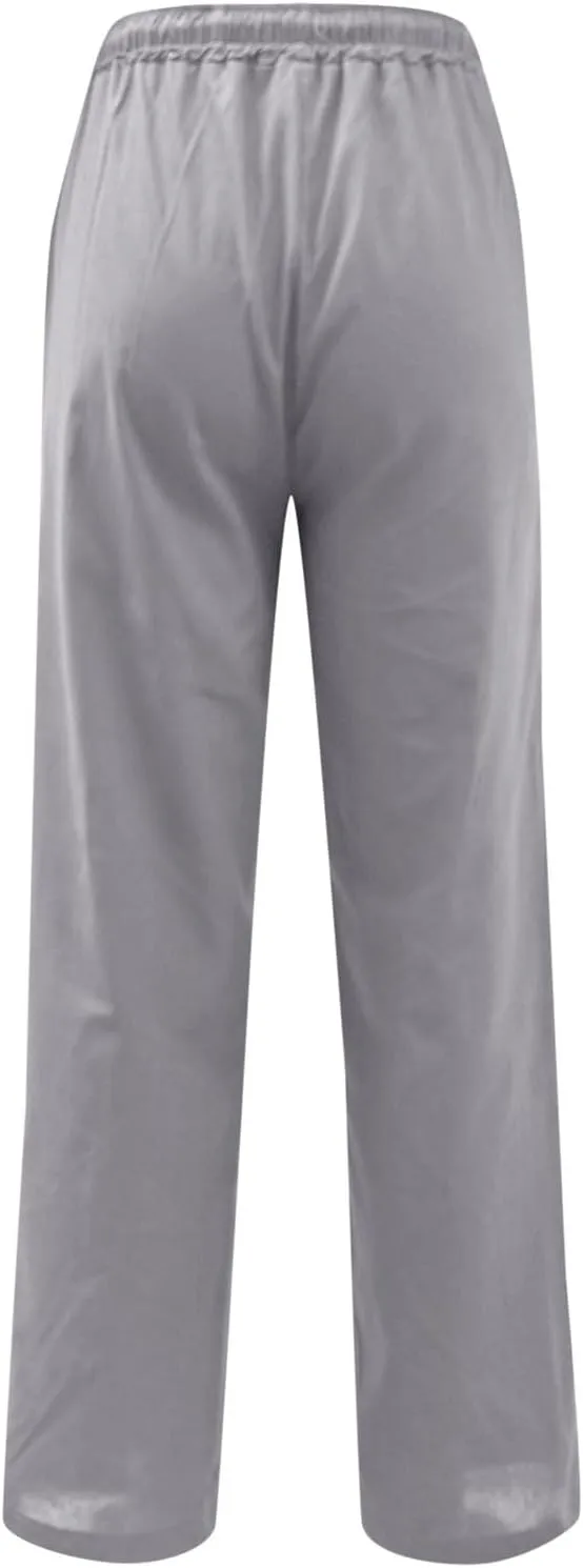 Womens Cotton Linen Summer Casual Flowy Palazzo Lounge Pants Elastic Waist Bootcut Slim Fit Trouser Travel