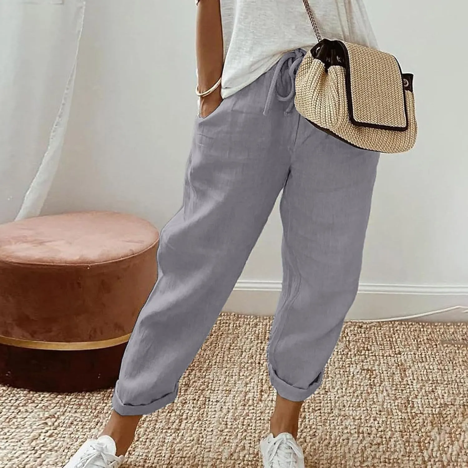 Womens Cotton Linen Summer Casual Flowy Palazzo Lounge Pants Elastic Waist Bootcut Slim Fit Trouser Travel