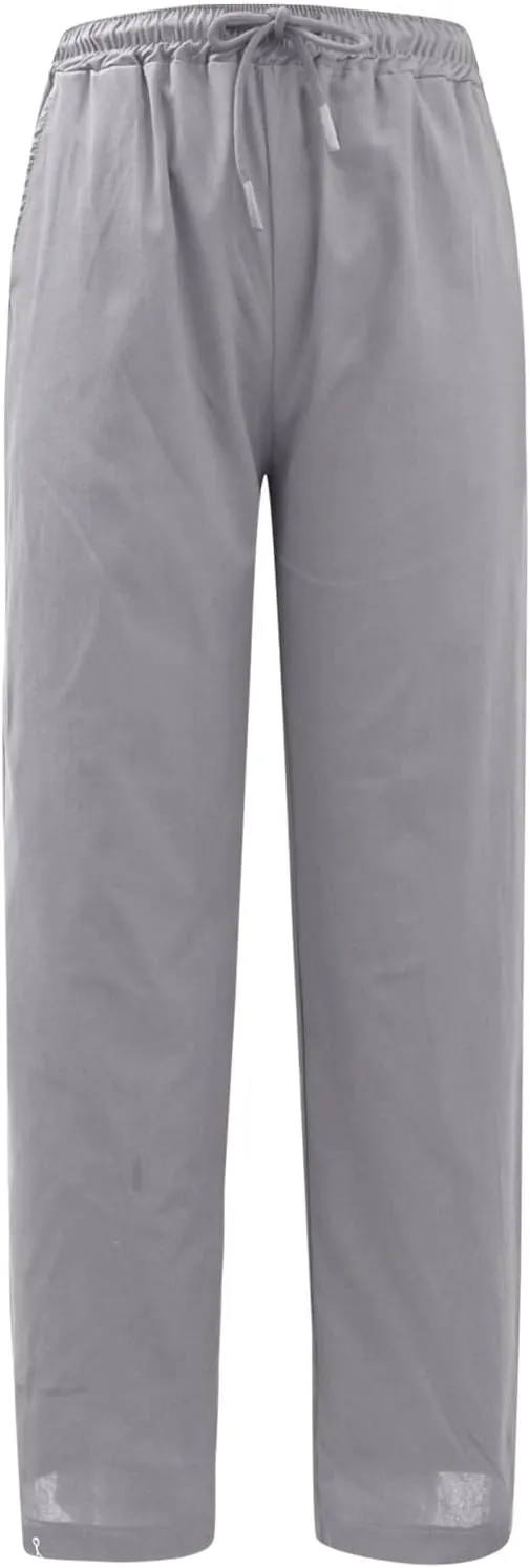 Womens Cotton Linen Summer Casual Flowy Palazzo Lounge Pants Elastic Waist Bootcut Slim Fit Trouser Travel