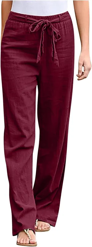 Womens Cotton Linen Summer Casual Loose Palazzo Pants Elastic Waist Baggy Stretchy Slim-Fit Palazzo Lounge