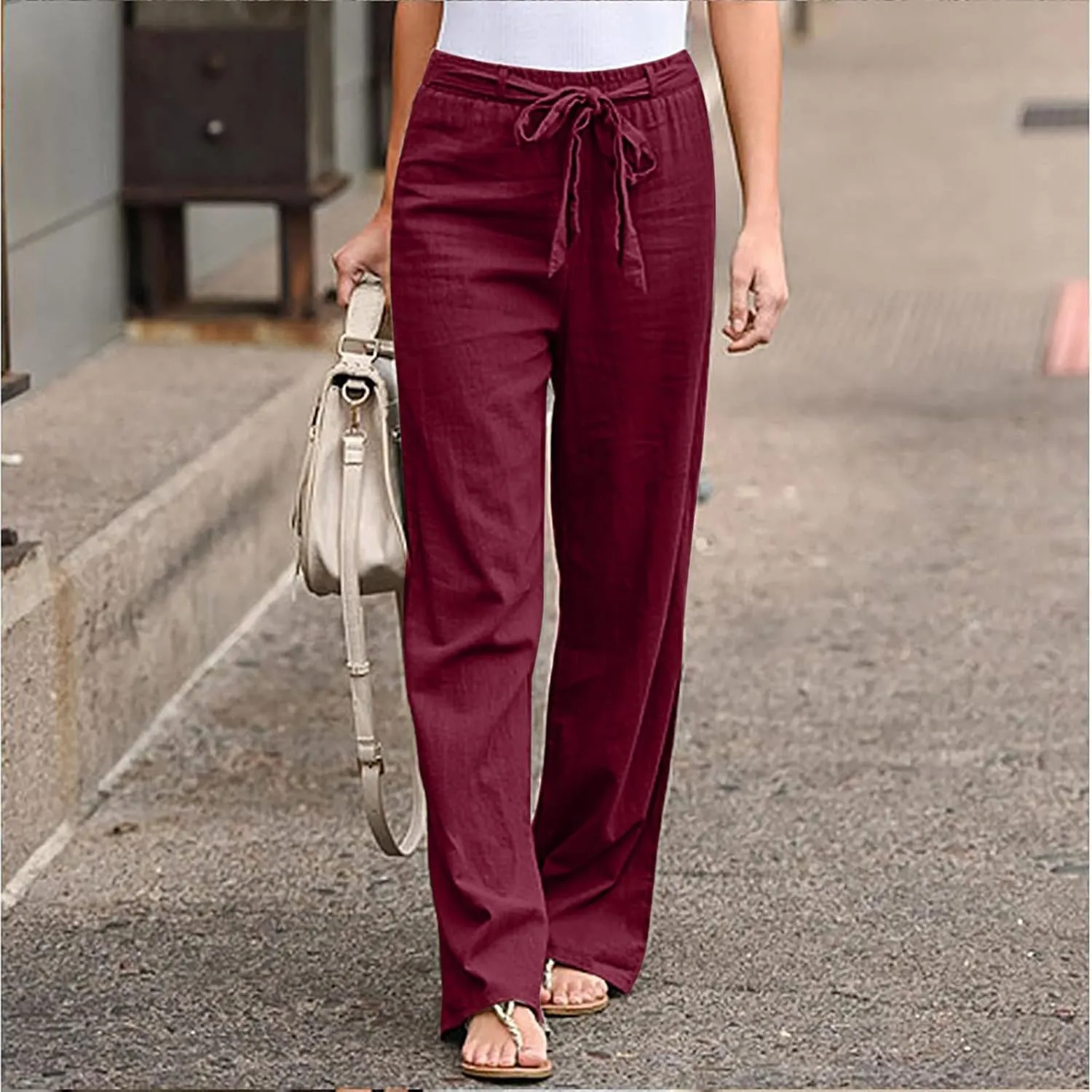 Womens Cotton Linen Summer Casual Loose Palazzo Pants Elastic Waist Baggy Stretchy Slim-Fit Palazzo Lounge