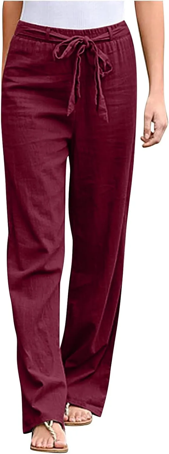 Womens Cotton Linen Summer Casual Loose Palazzo Pants Elastic Waist Baggy Stretchy Slim-Fit Palazzo Lounge
