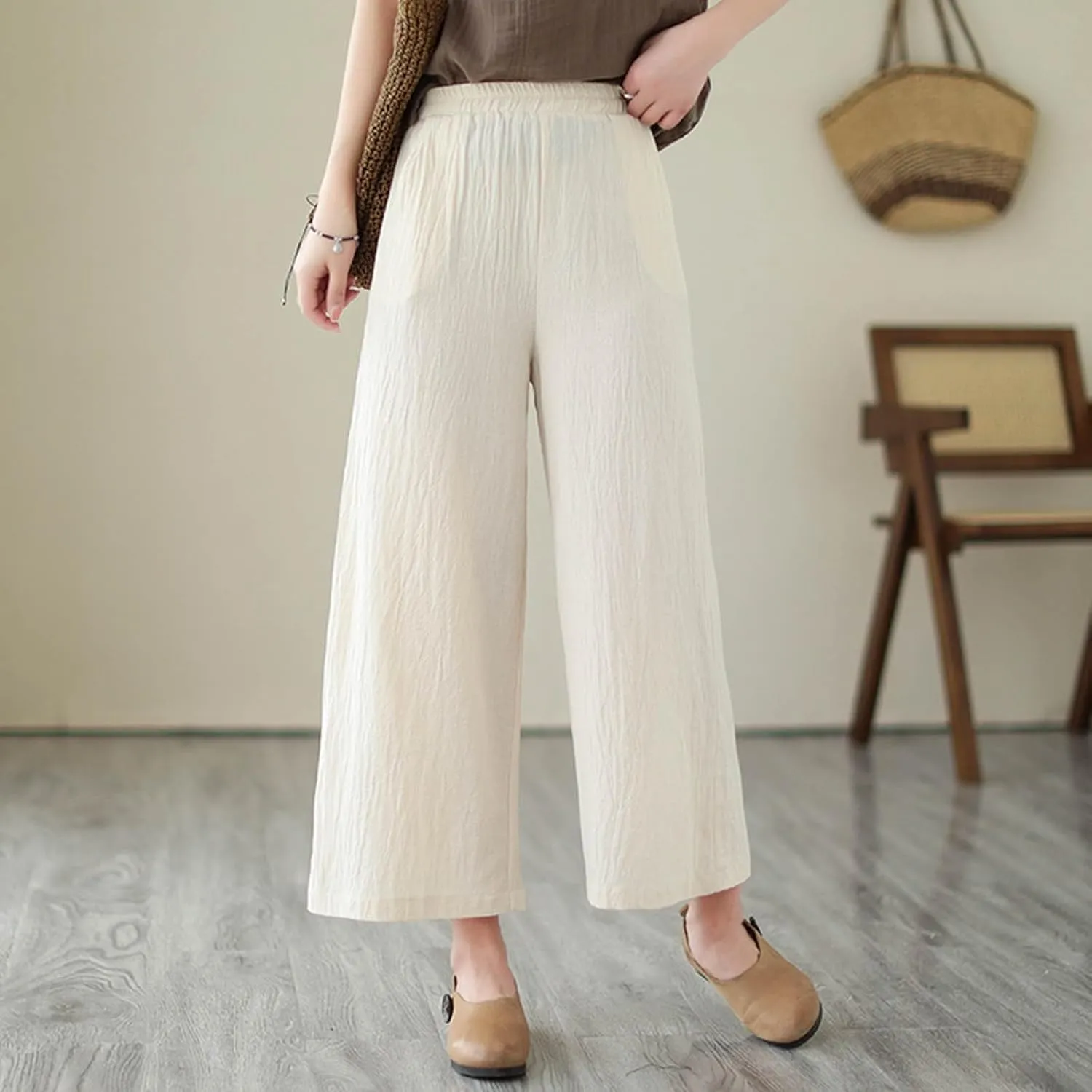 Womens Cotton Linen Summer Fashion Palazzo Pants Elastic Waisted Stretchy Slim Fit Trouser Work Business