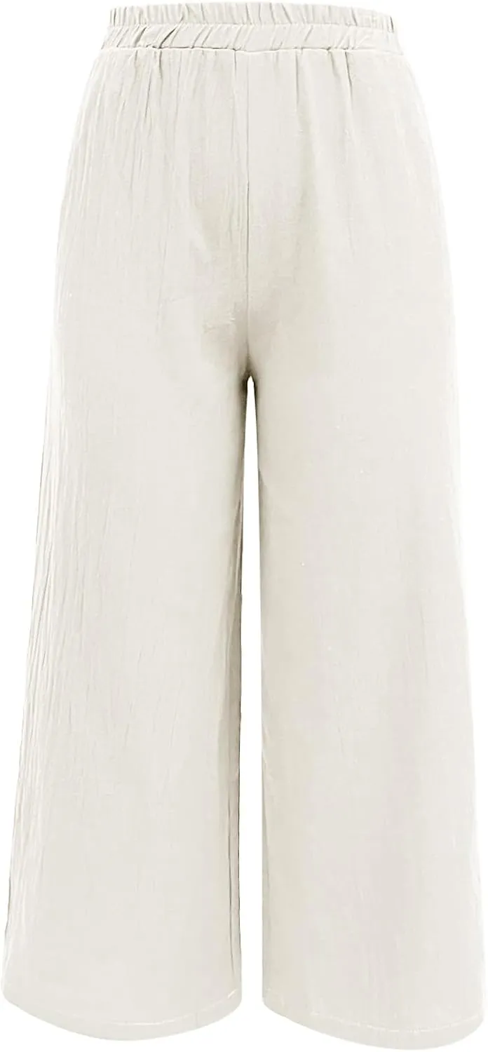 Womens Cotton Linen Summer Fashion Palazzo Pants Elastic Waisted Stretchy Slim Fit Trouser Work Business