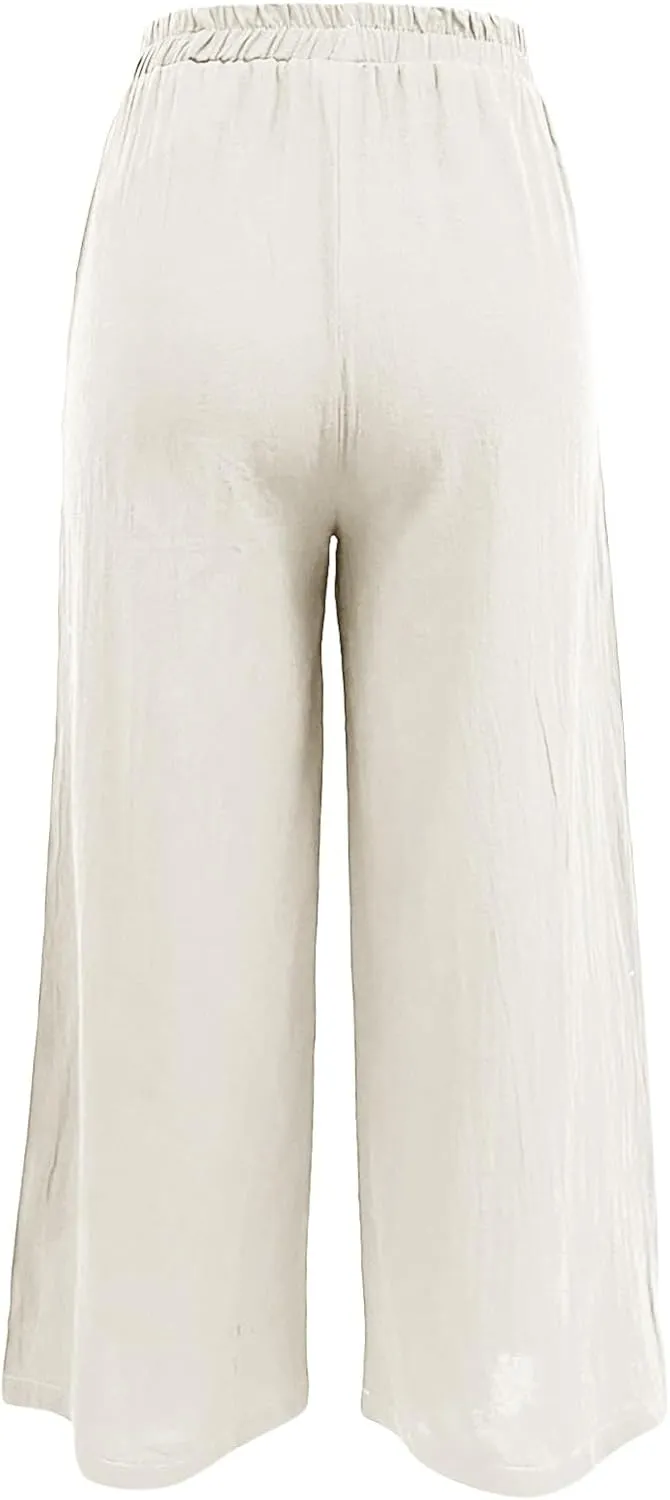 Womens Cotton Linen Summer Fashion Palazzo Pants Elastic Waisted Stretchy Slim Fit Trouser Work Business