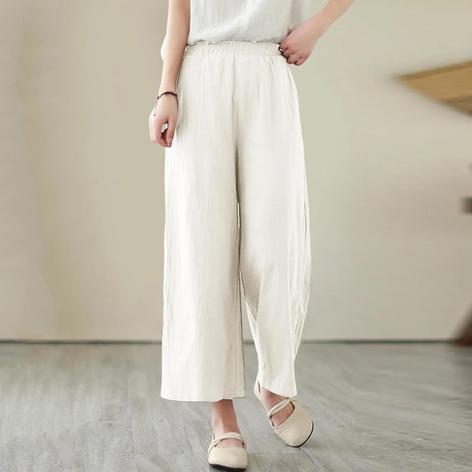 Womens Cotton Linen Summer Fashion Palazzo Pants Elastic Waisted Stretchy Slim Fit Trouser Work Business