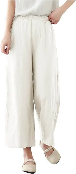 Womens Cotton Linen Summer Fashion Palazzo Pants Elastic Waisted Stretchy Slim Fit Trouser Work Business