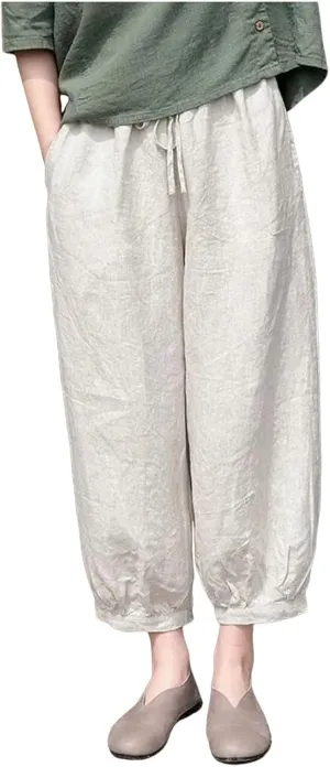 Women's Cotton Linen Summer Floral Palazzo Lounge Pants Elastic Waisted Ankle Length Slim-Fit Trousers Travel