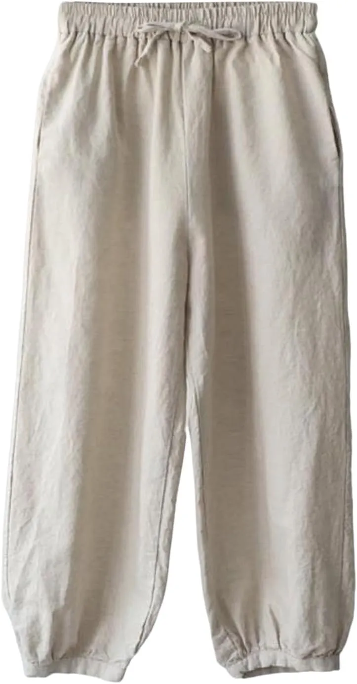 Women's Cotton Linen Summer Floral Palazzo Lounge Pants Elastic Waisted Ankle Length Slim-Fit Trousers Travel