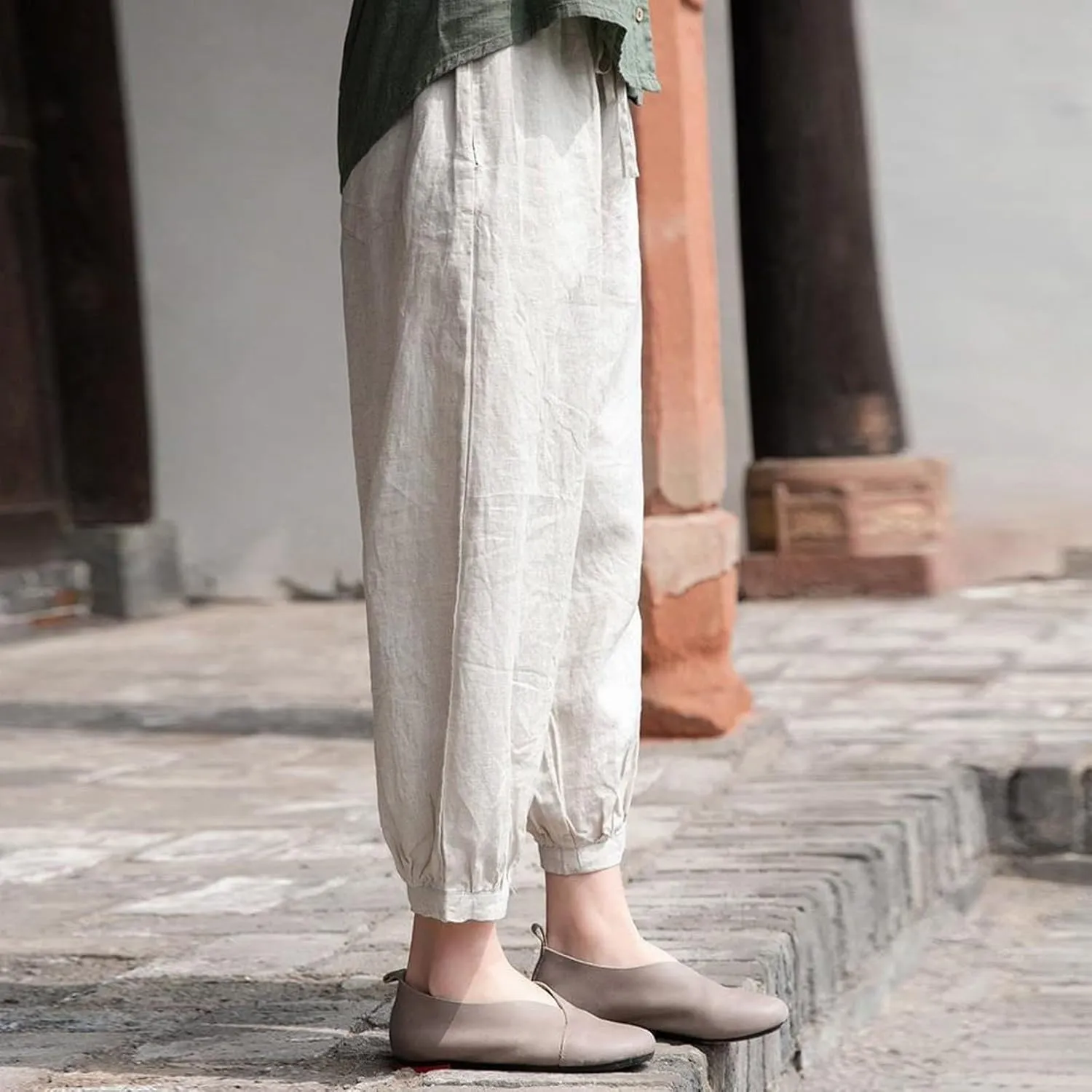 Women's Cotton Linen Summer Floral Palazzo Lounge Pants Elastic Waisted Ankle Length Slim-Fit Trousers Travel