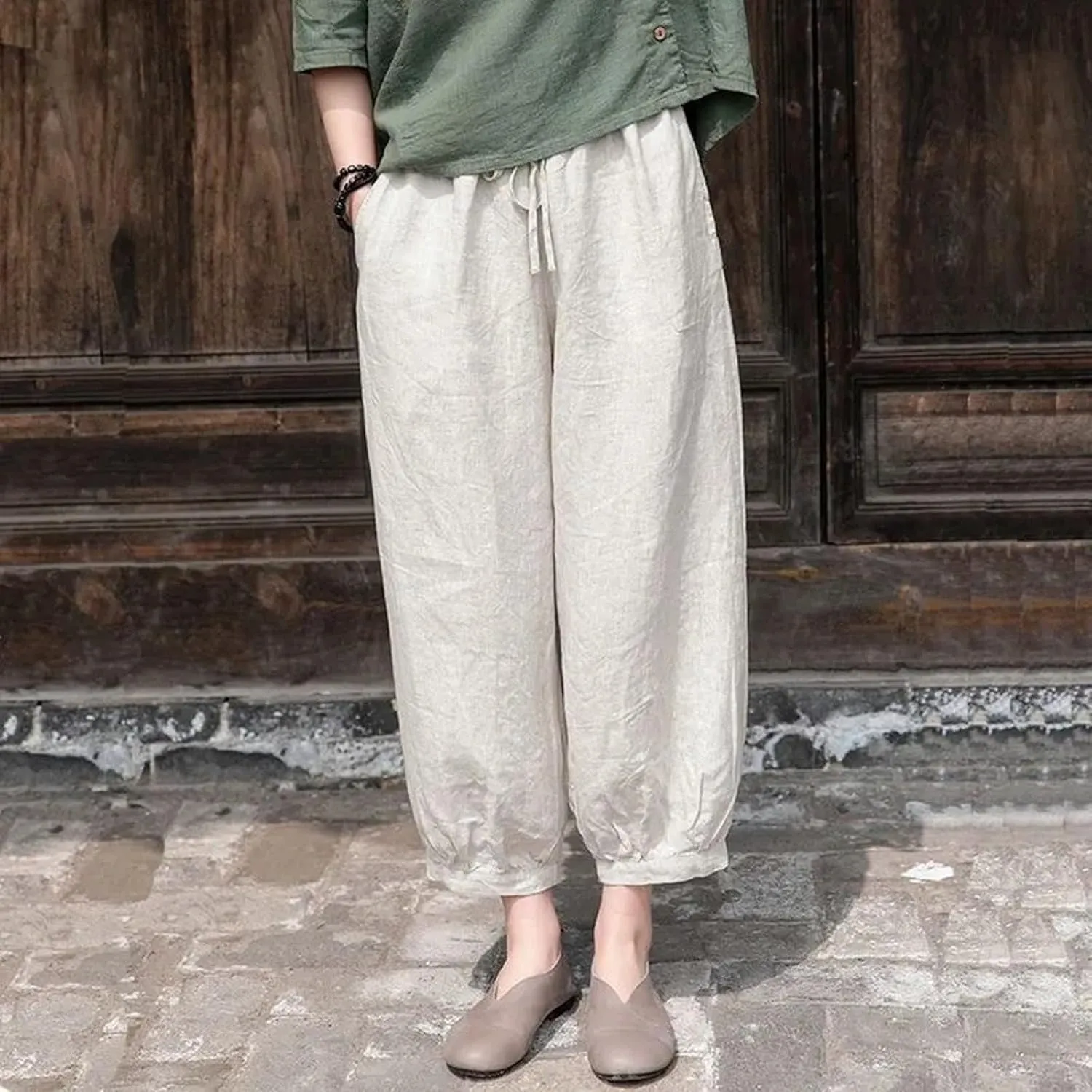 Women's Cotton Linen Summer Floral Palazzo Lounge Pants Elastic Waisted Ankle Length Slim-Fit Trousers Travel