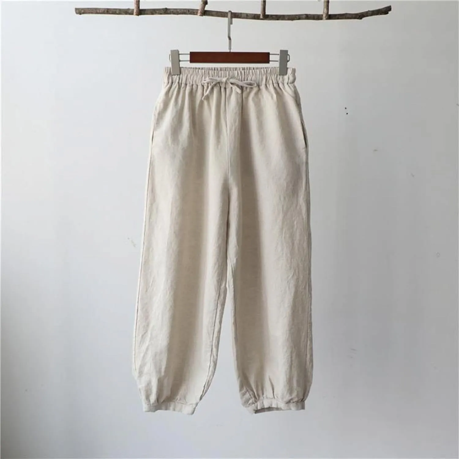 Women's Cotton Linen Summer Floral Palazzo Lounge Pants Elastic Waisted Ankle Length Slim-Fit Trousers Travel