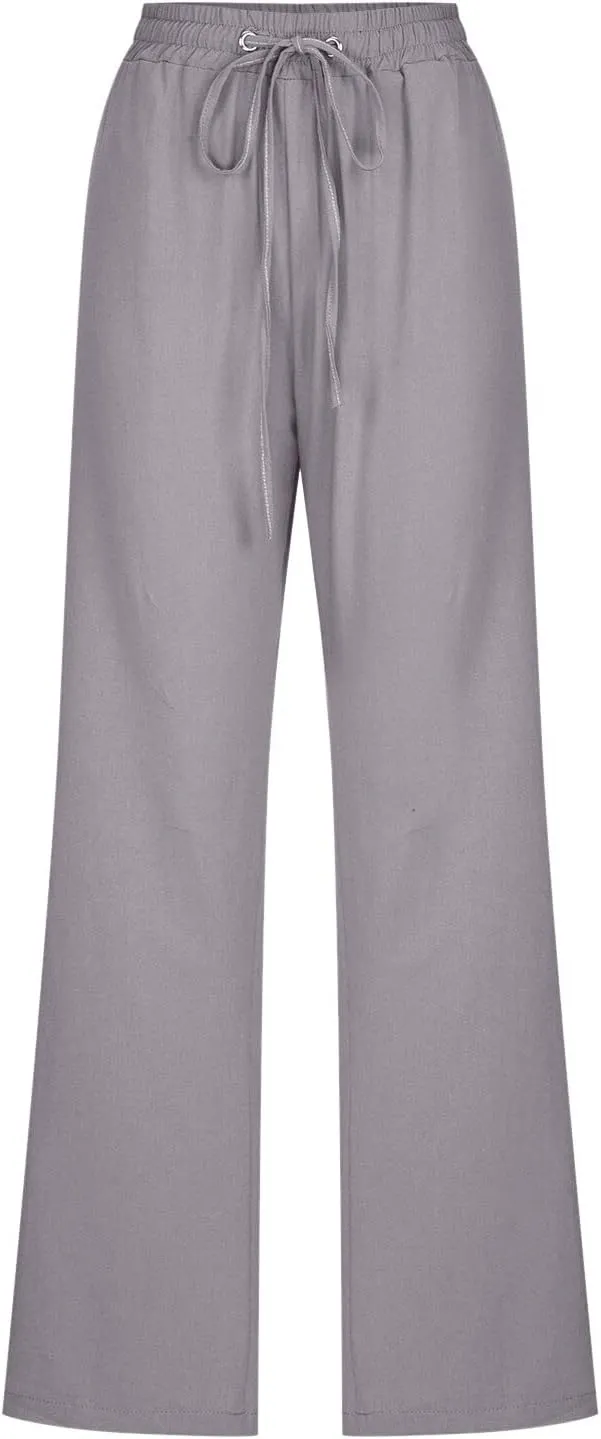 Womens Cotton Linen Summer Flowy Palazzo Lounge Pants High Waist Lounge Pants Slim-Fit Pant Trousers Business Work