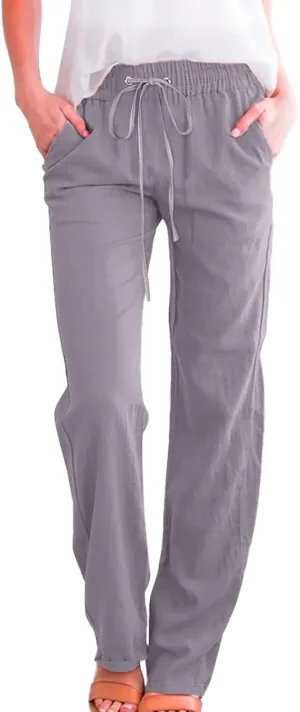 Womens Cotton Linen Summer Flowy Palazzo Lounge Pants High Waist Lounge Pants Slim-Fit Pant Trousers Business Work