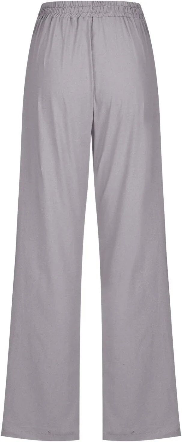 Womens Cotton Linen Summer Flowy Palazzo Lounge Pants High Waist Lounge Pants Slim-Fit Pant Trousers Business Work