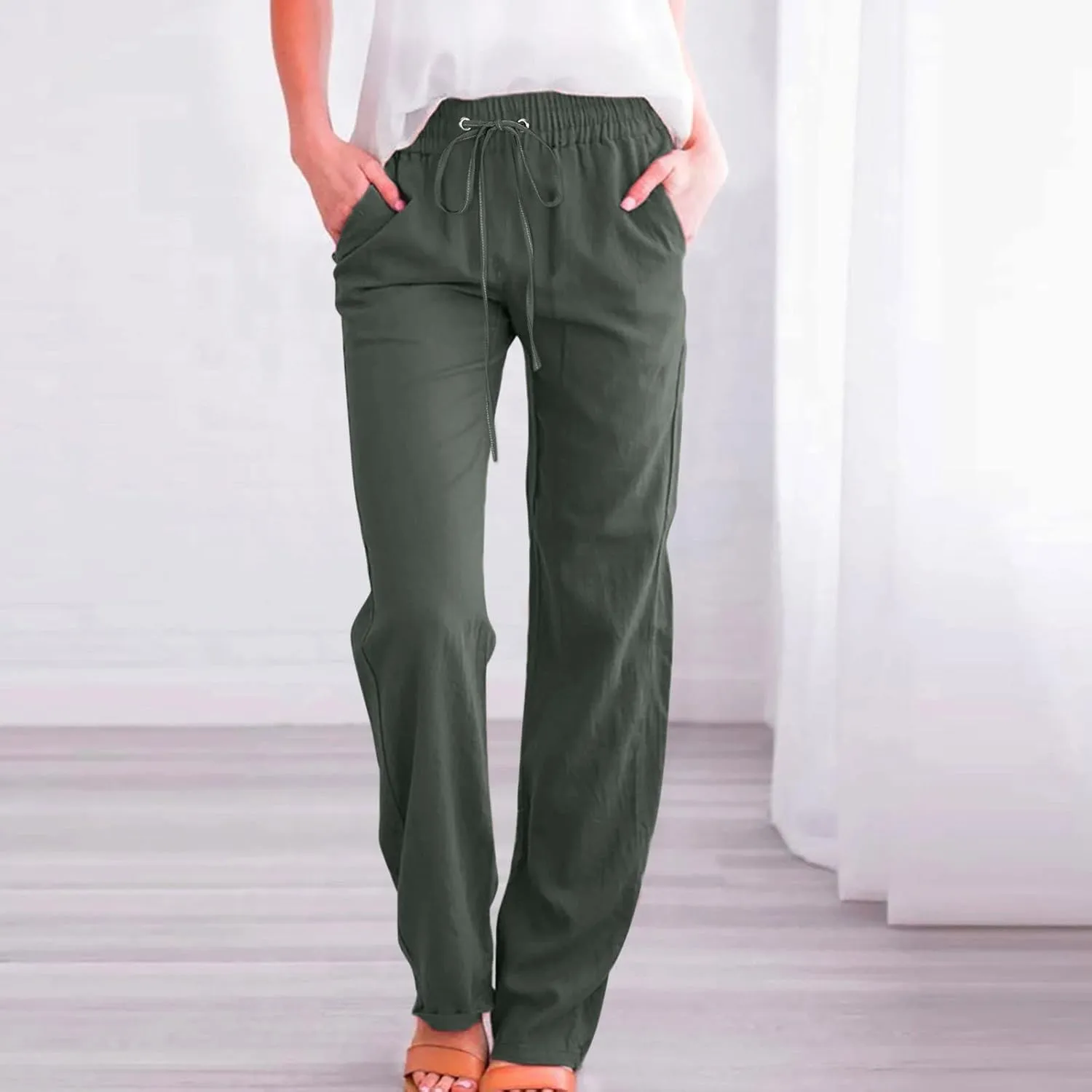Women's Cotton Linen Summer Flowy Palazzo Pants Elastic Waisted Lounge Pants Slim Fit Palazzo Lounge Pants Vacation
