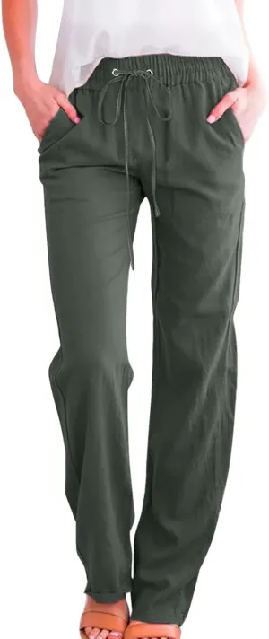 Women's Cotton Linen Summer Flowy Palazzo Pants Elastic Waisted Lounge Pants Slim Fit Palazzo Lounge Pants Vacation