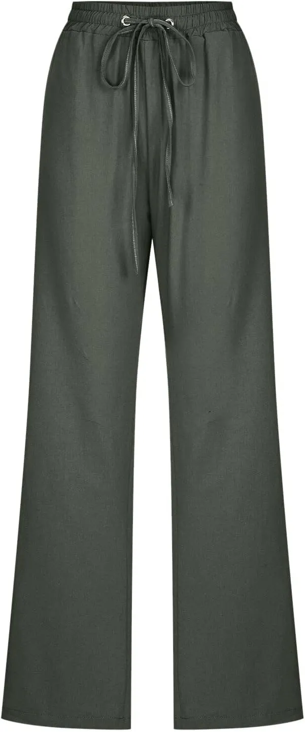 Women's Cotton Linen Summer Flowy Palazzo Pants Elastic Waisted Lounge Pants Slim Fit Palazzo Lounge Pants Vacation